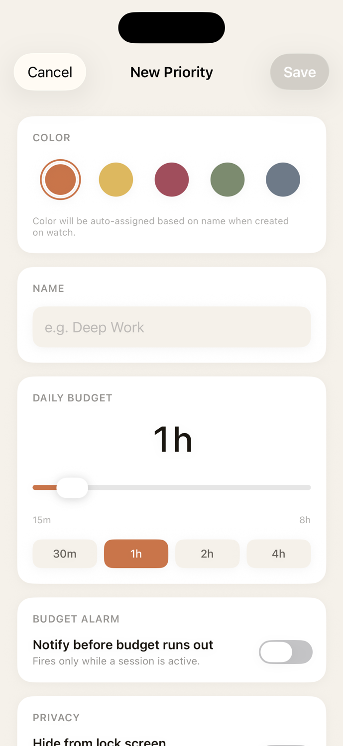 Creating a priority in OwnTime: pick a colour, set a daily budget, and optionally a budget alarm.