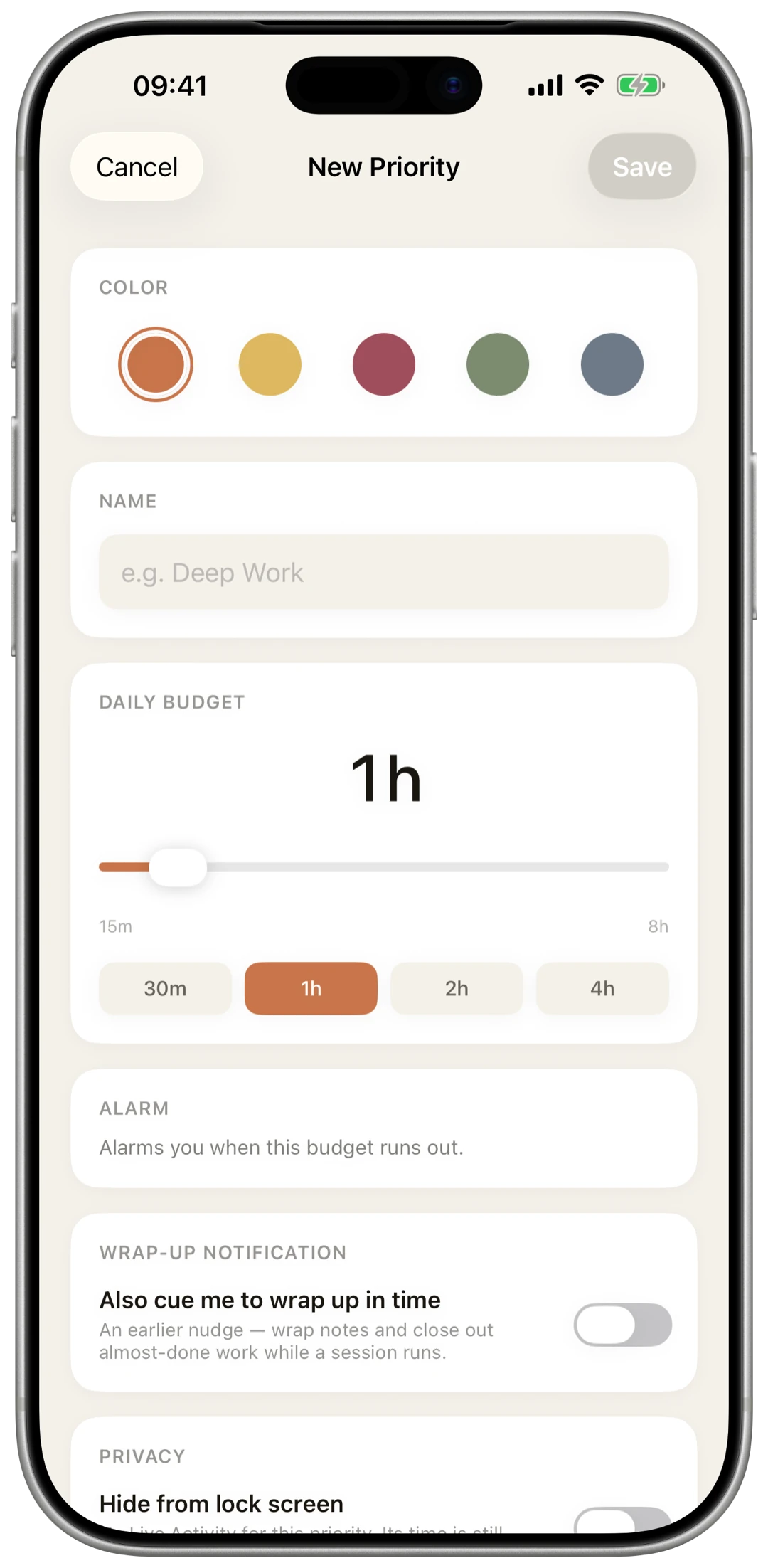Creating a priority in OwnTime on iPhone: pick a colour, set a daily budget, and optionally a budget alarm.