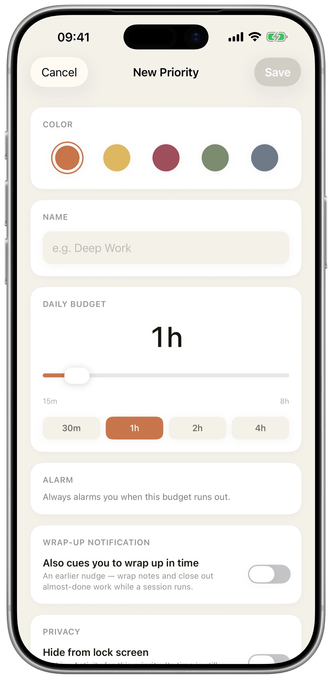 Creating a priority in OwnTime on iPhone: pick a colour, set a daily budget, and optionally a budget alarm.