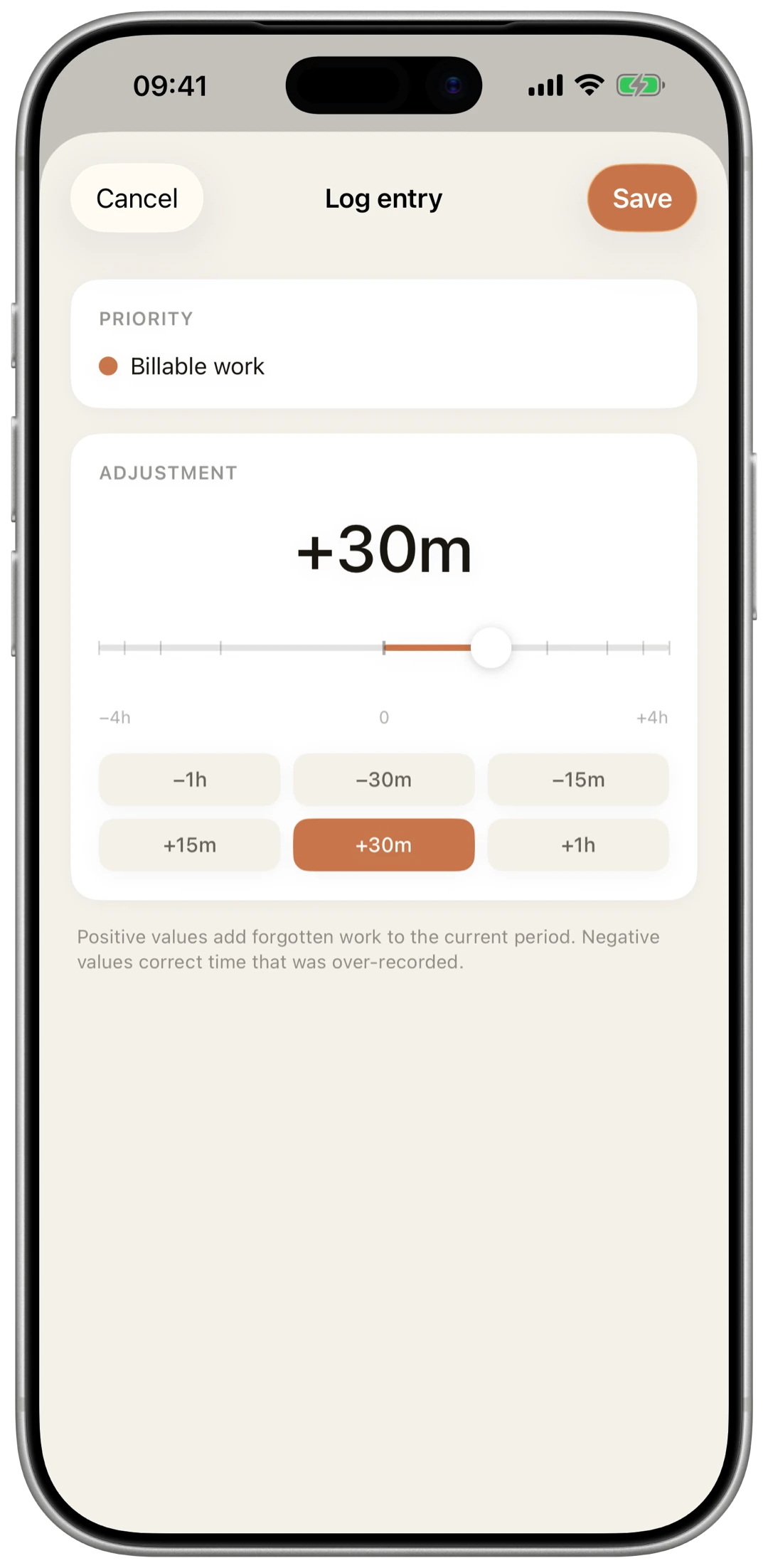 Logging a past session in OwnTime on iPhone: a signed slider and one-tap presets add forgotten work or correct over-recorded time.