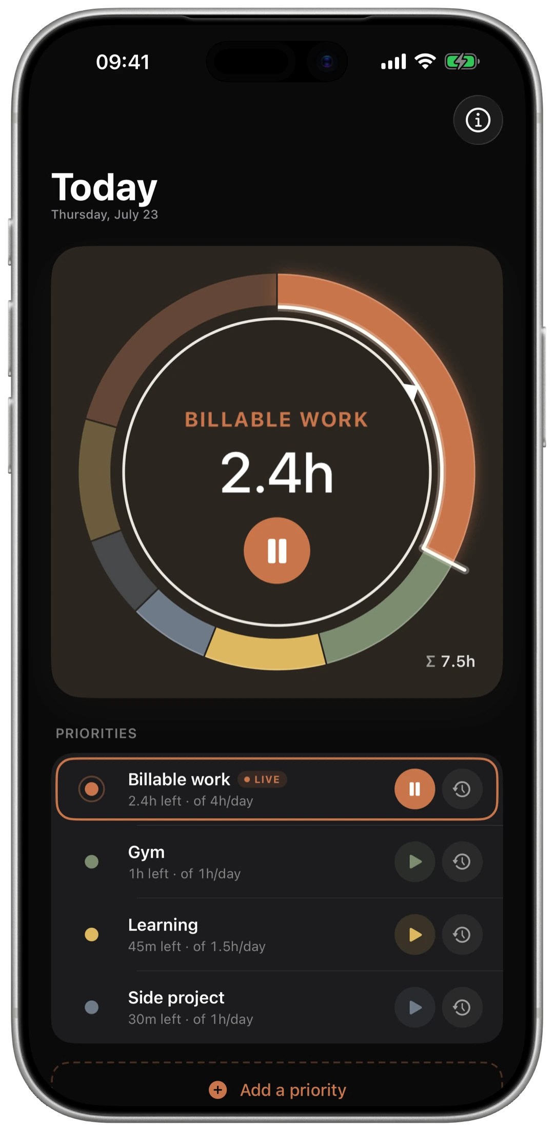OwnTime overview screen on iPhone in dark mode, showing the same budget donut and priority list.