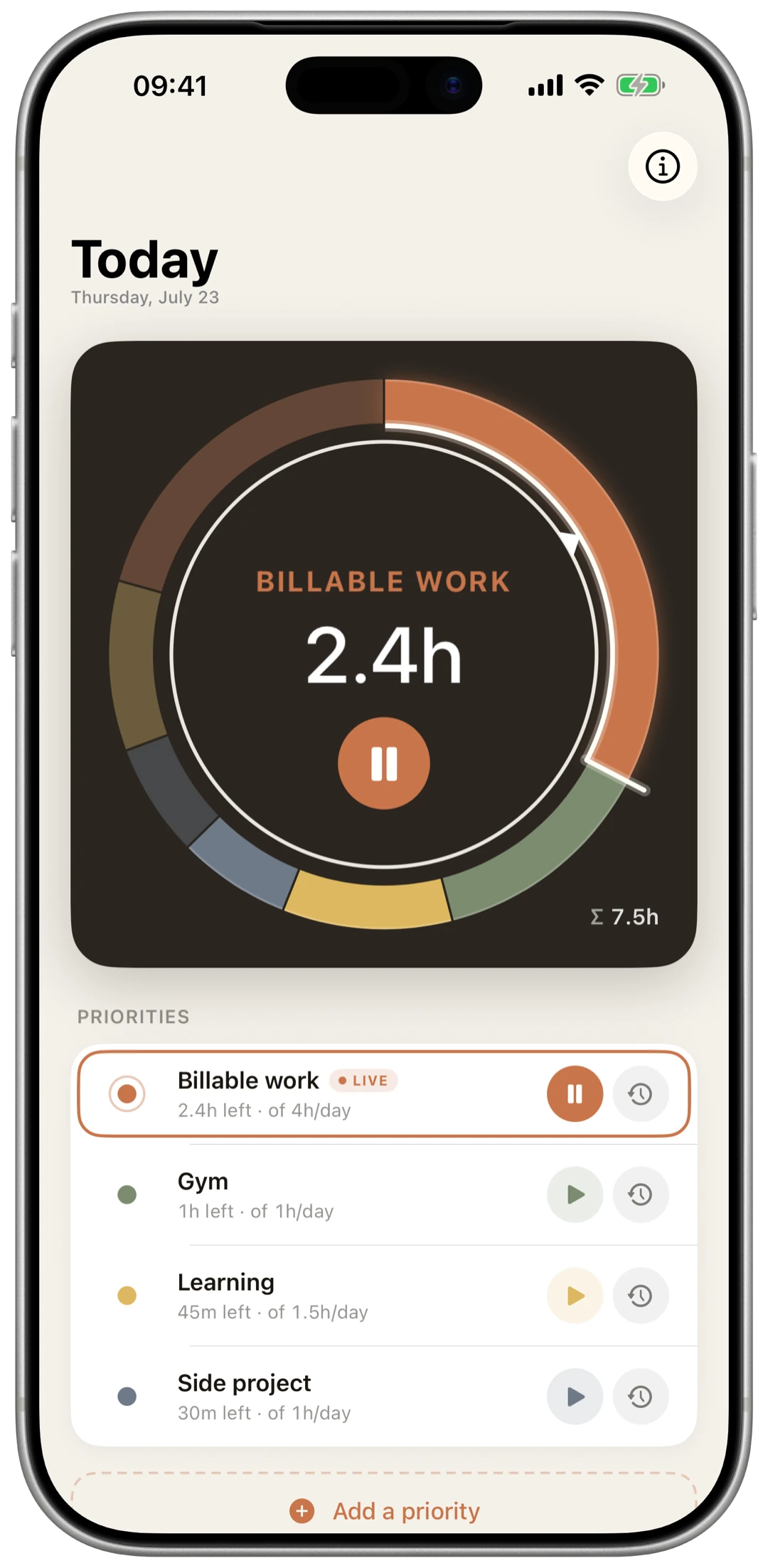 OwnTime overview screen on iPhone: a colour-coded budget donut for the day with a list of priorities and the time remaining on each.