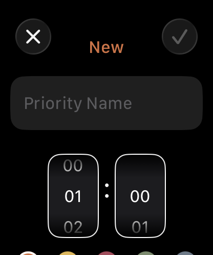 Creating a new priority on Apple Watch: a name field, an hours-and-minutes budget picker, and a colour chooser.