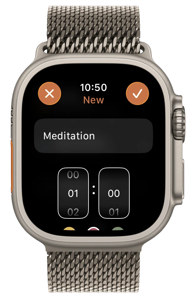 Creating a new priority on Apple Watch: a name field, an hours-and-minutes budget picker, and a colour chooser.