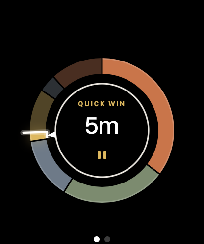 Turning the Digital Crown focuses a single priority — Quick Win, 5 minutes left — with its session running.