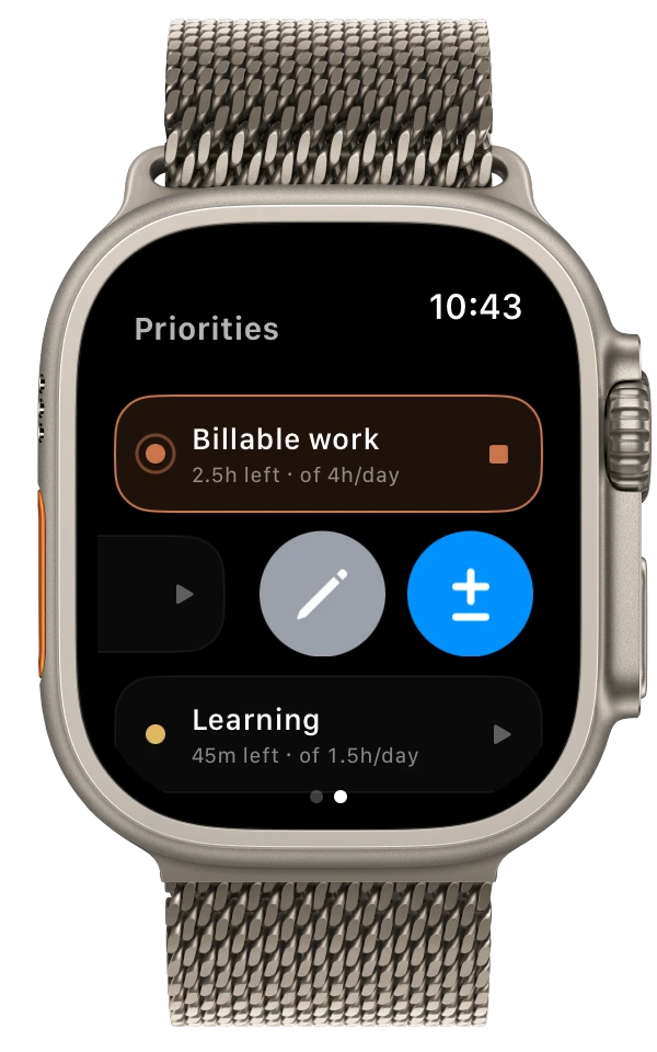 A priority list row swiped open on Apple Watch to reveal the Log and Edit actions.